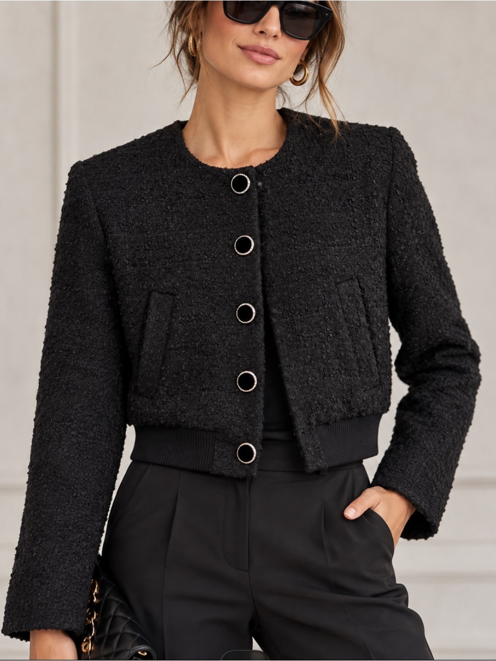 Zara Black Textured Boucle Chic Bomber Jacket